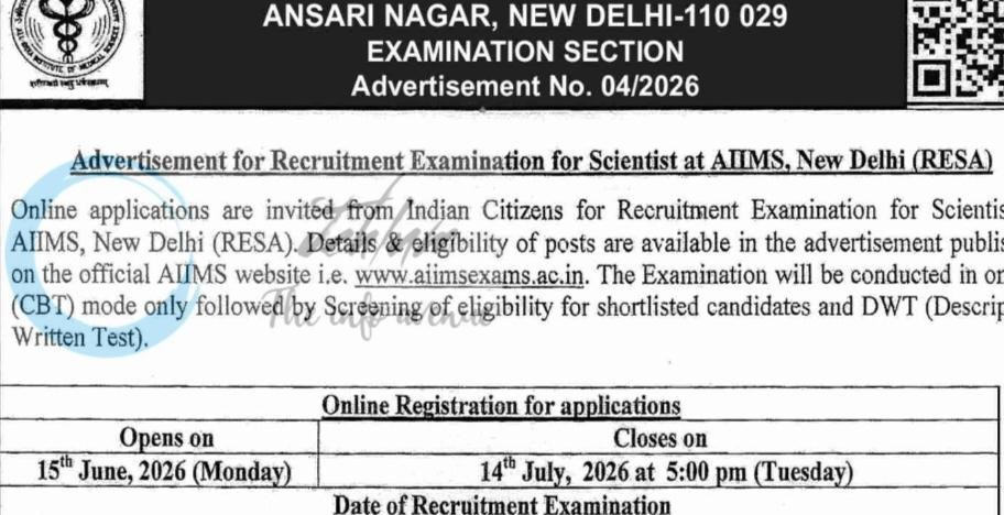 All India Institute of Medical Sciences AIIMS Scientist Jobs Recruitment Advt Notification 04/2026