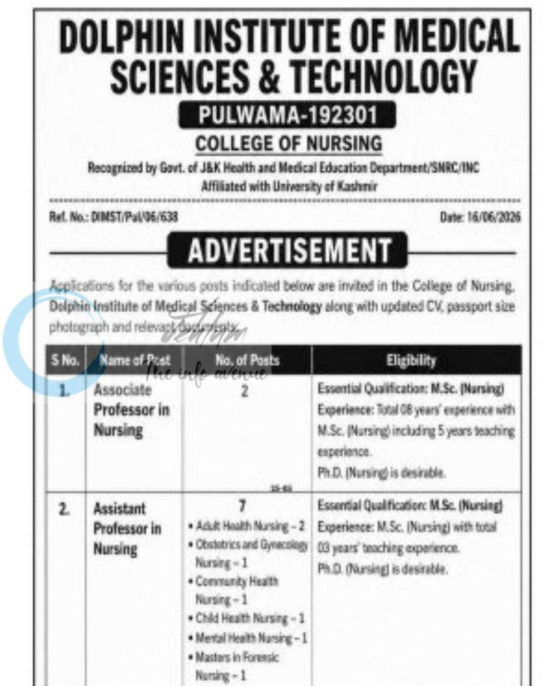 Dolphin Institute of Medical Sciences and Technology DIMST College of Nursing Pulwama Associate Professor Assistant Professor employment opportunities notice DIMST/Pul/06/638