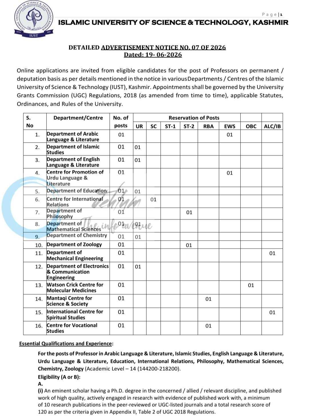 ISLAMIC UNIVERSITY OF SCIENCE and TECHNOLOGY IUST Kashmir Professors employment opportunities notice 07 OF 2026