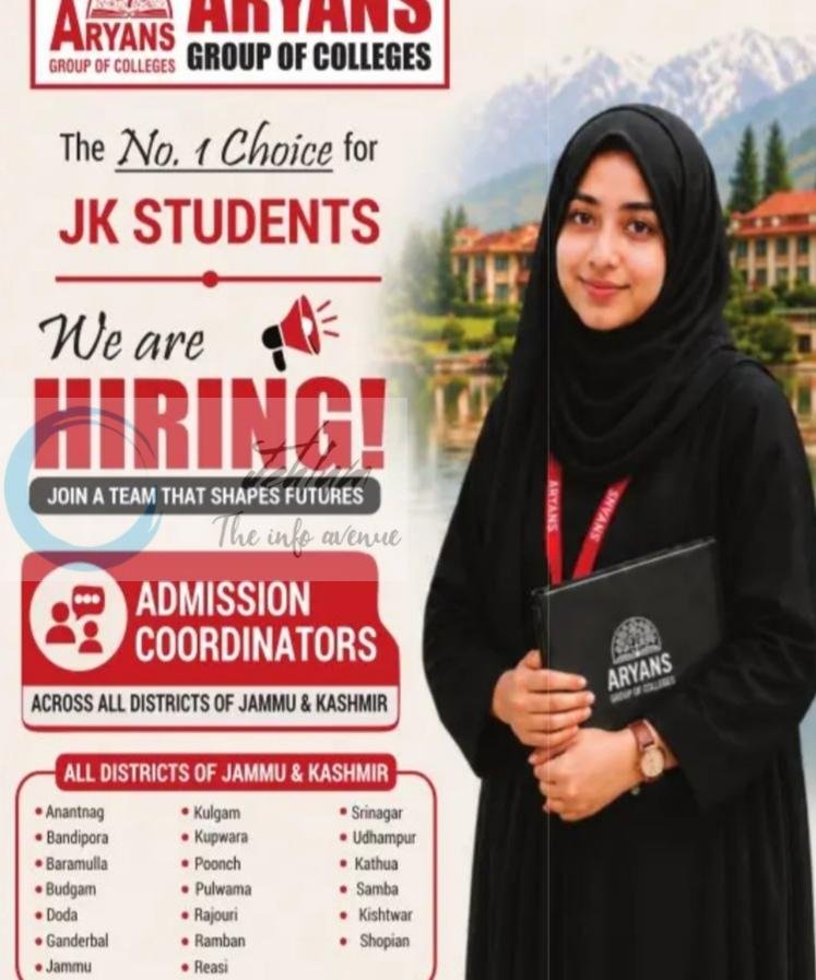Aryans Group of Colleges kashmir Admission Coordinators job opportunities 2026