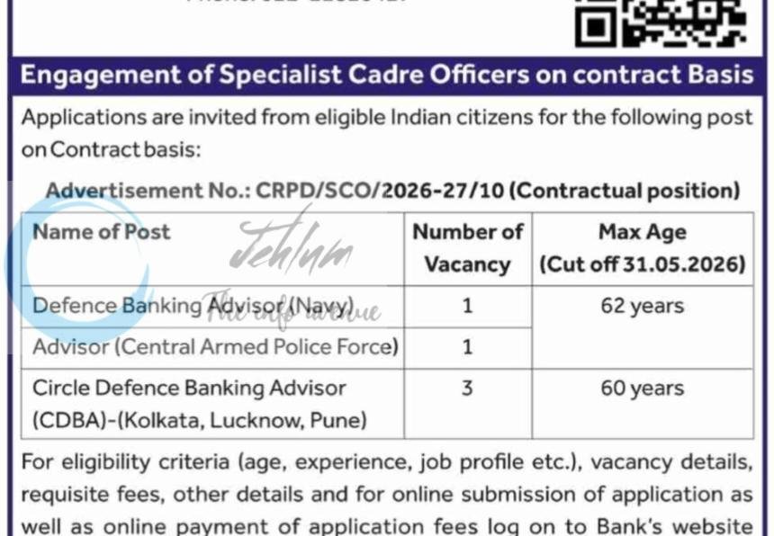 State Bank of India SBI Specialist Cadre Officers Jobs Recruitment Advertisement Notification CRPD/SCO/2026-27/10