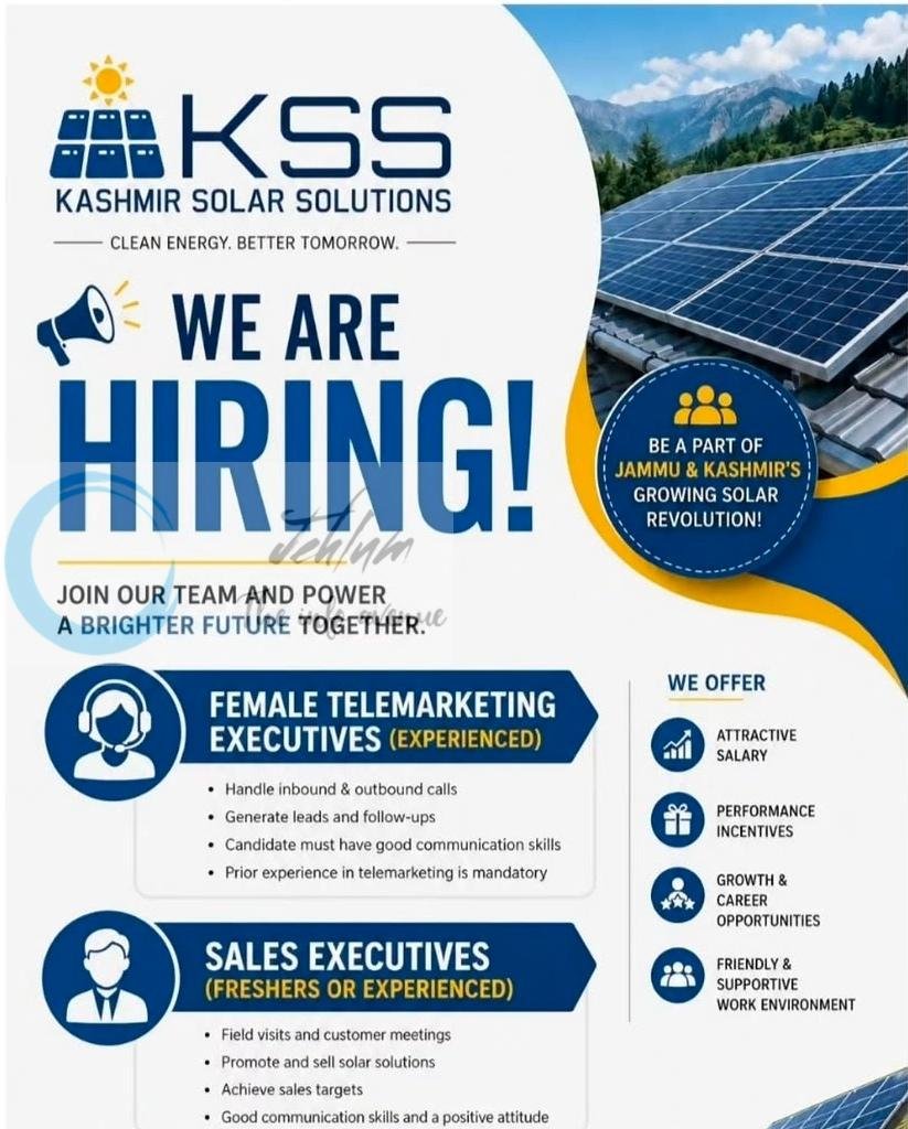 KASHMIR SOLAR SOLUTIONS KSS Telemarketing Sales Executive Srinagar Job opportunities 2026