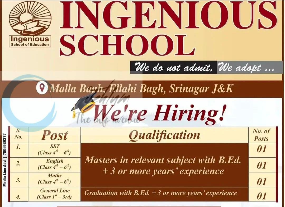 Ingenious School Srinagar education job opportunities 2026