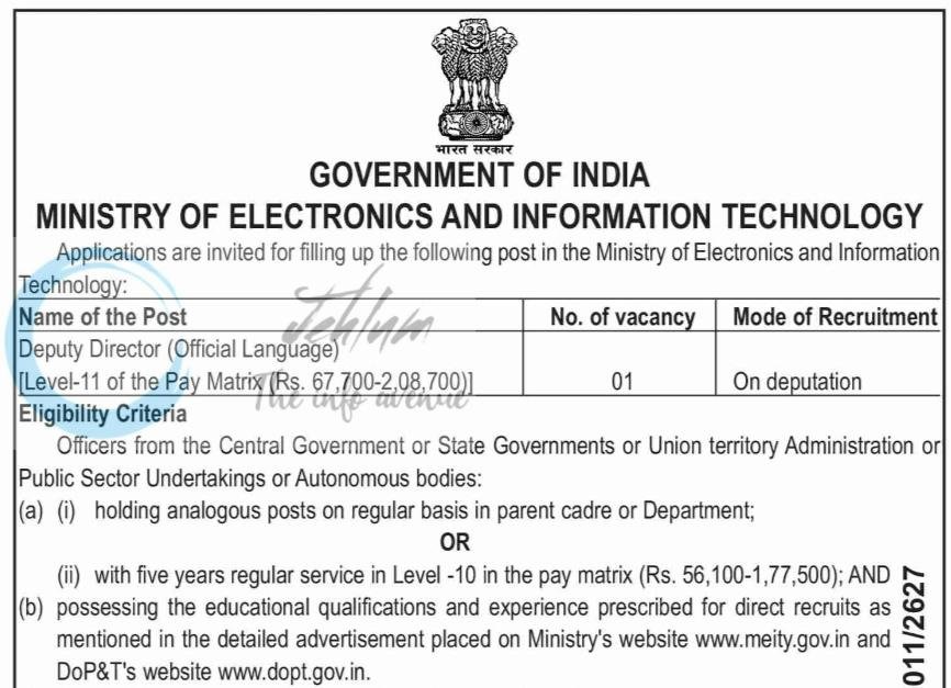 Ministry of Electronics and Information Technology MeitY New Delhi Deputy Director employment opportunities notice CBC 06101/11/0011/2627