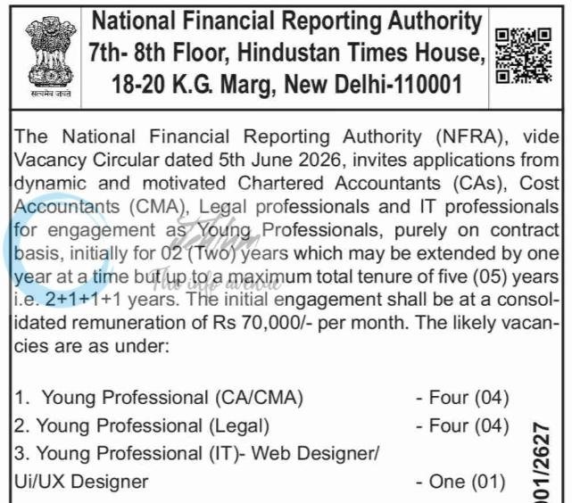 National Financial Reporting Authority NFRA New Delhi Young Professional employment opportunities notice CBC 07122/11/0001/2627