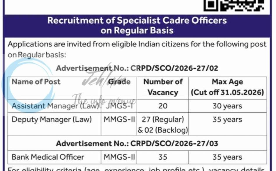 SBI Specialist Cadre Officers Assistant/Deputy Manager Law/Medical Officer Recruitment Advt Notification CRPD/SCO/2026-27/02