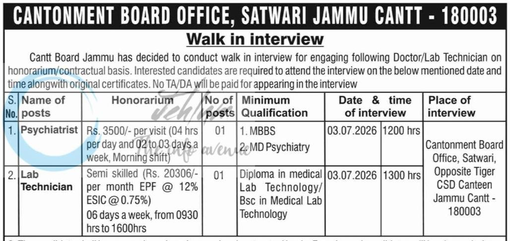 Cantonment Board Office Jammu Psychiatrist Lab Technician employment opportunities notice CBJ/Misc/Hon/II/2024-25/334