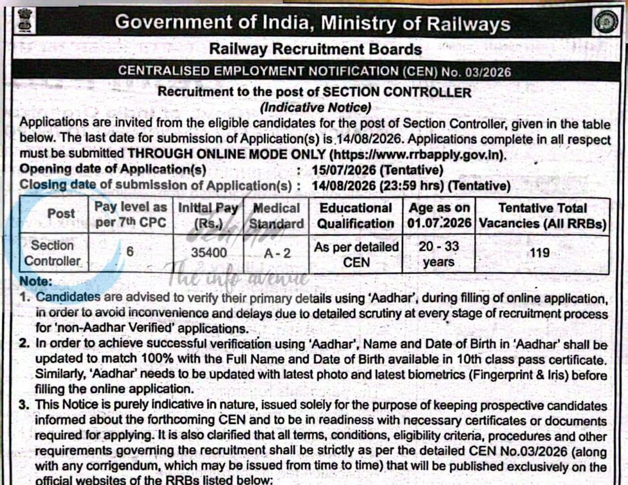 Railway Recruitment Boards RRBs Jammu-Srinagar Section Controller employment opportunities notice CEN No 03/2026
