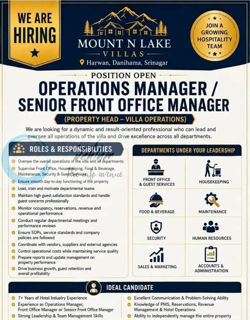 Mount N Lake Villas MNLV Harwan Srinagar Operations Manager Senior Front Office Manager job opportunities 2026