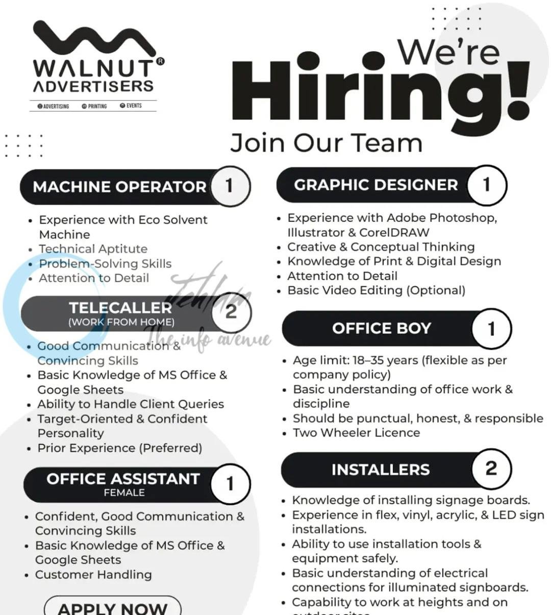 Walnut Advertisers Srinagar Machine Operator Graphic Designer Telecaller job opportunities 2026