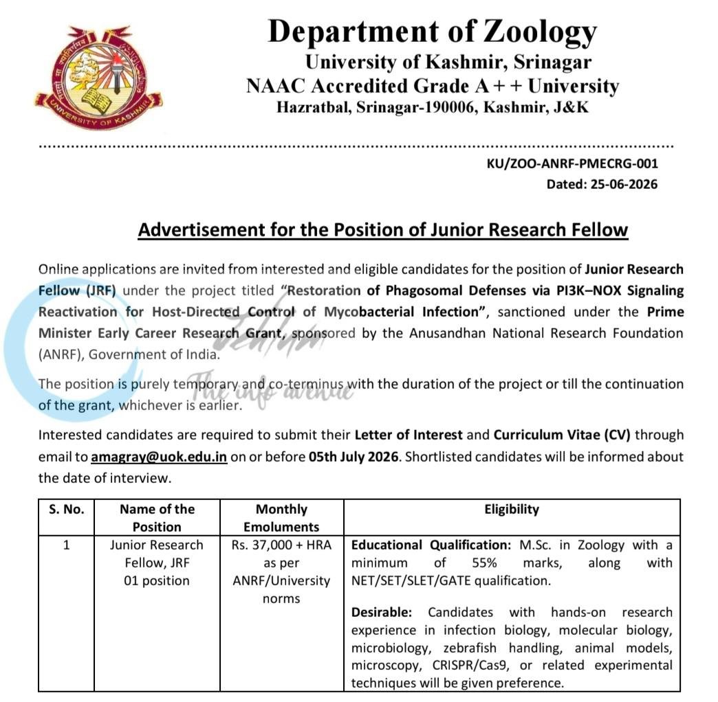 KU Department of Zoology Junior Research Fellow employement opportunities notice KU/ZOO-ANRF-PMECRG-001