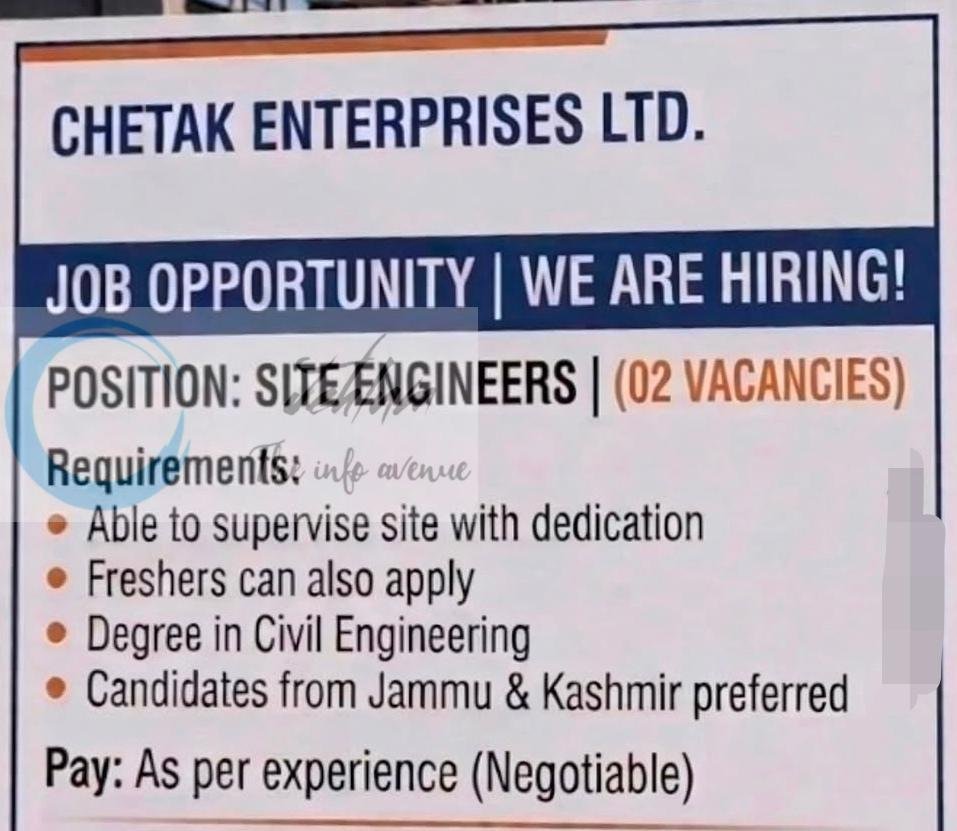 Chetak Enterprises Ltd jammu Civil Engineering Site Engineer Job opportunities  2026