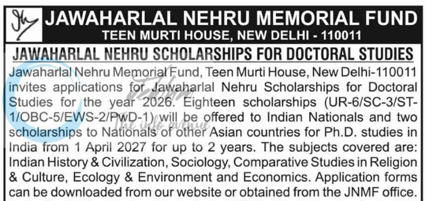 Jawaharlal Nehru Memorial Fund JNMF New Delhi Doctoral Scholarships opportunities 2026