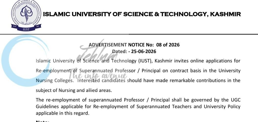 Islamic University of Science and Technology IUST Awantipora Superannuated Professor Principal employment opportunities notice 08 of 2026 