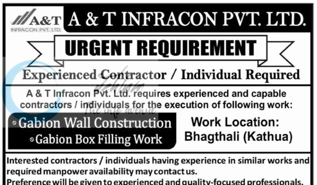 A and T INFRACON PVT LTD ATIPL Bhagthali Kathua Experienced Contractor Gabion Wall Construction Gabion Box Filling Work job opportunities 2026