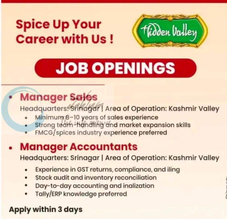 Hidden Valley Srinagar Manager Sales Manager Accountants job opportunities 2026