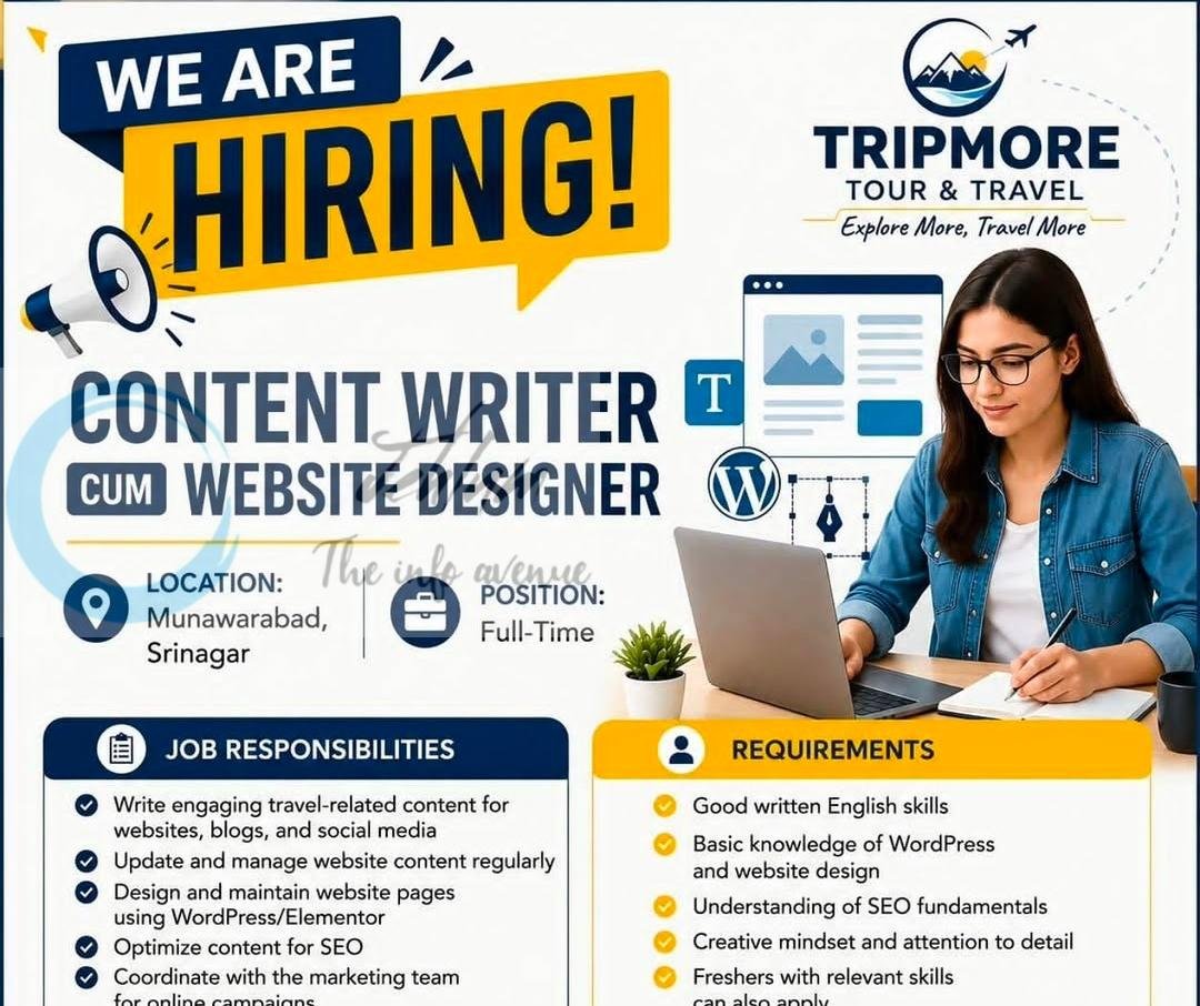 Tripmore Tour and Travel Srinagar Content Writer Website Designer Job opportunities 2026