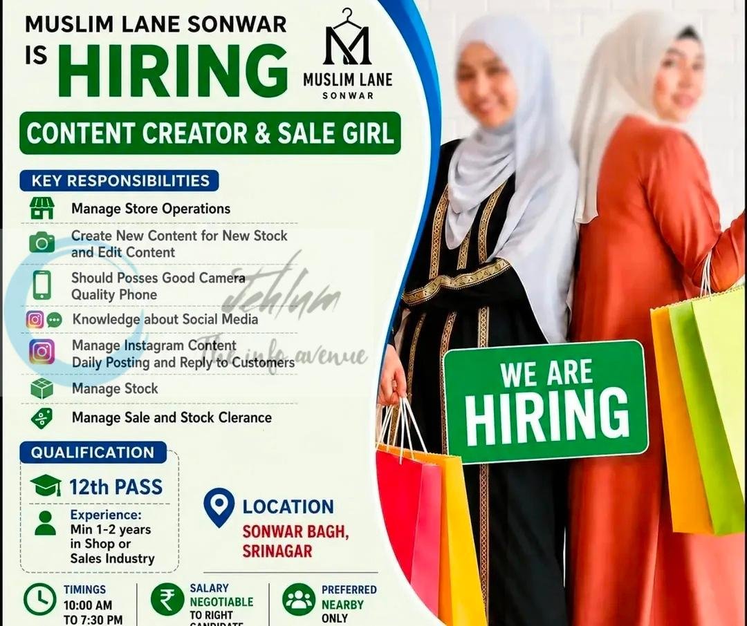 MUSLIM LANE SONWAR MLS Srinagar Content Creator Sale Girl job opportunities 2026