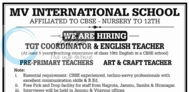 MV International School MVIS Samba Jammu Jobs Opportunities 2026