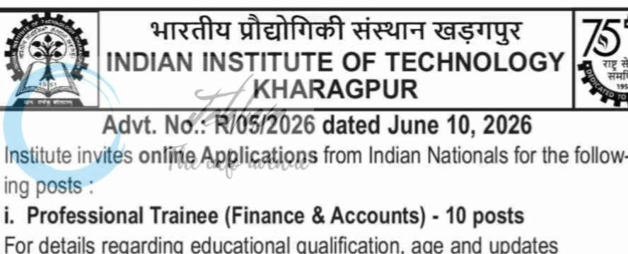 Indian Institute of Technology Kharagpur IITKGP Finance/ Accounts Professional Trainee Jobs Advt No R/05/2026