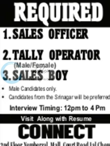 CONNECT Srinagar Sales Officer Tally Operator Sales Boy Job opportunities 2026