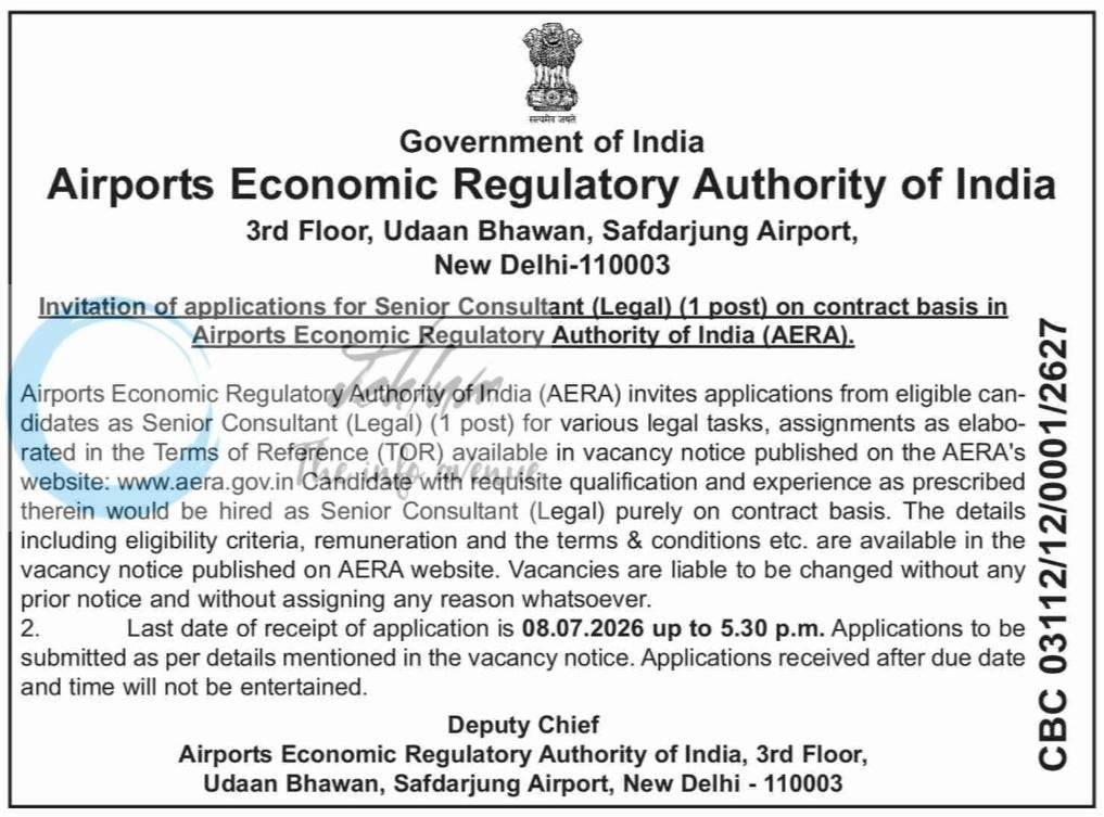 Airports Economic Regulatory Authority of India AERA Senior Consultant Legal Recruitment Advt Notice 2026 2 Airports Economic Regulatory Authority of India AERA Senior Consultant Legal Recruitment Advt Notice 2026