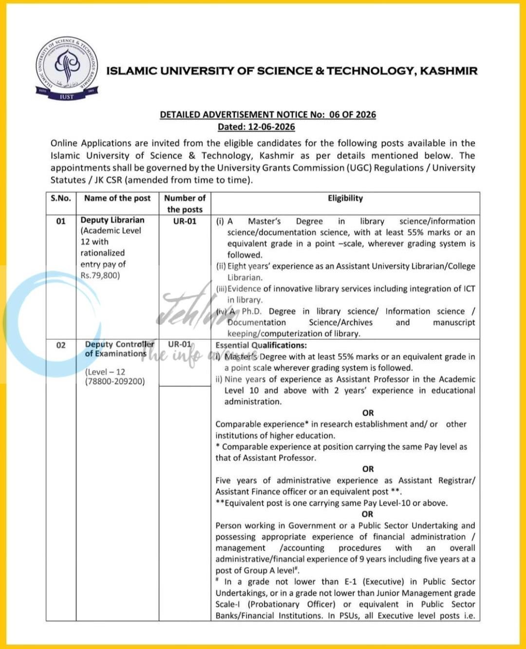 Islamic University of Science & Technology IUST Kashmir Recruitment Advertisement Notice No 06 OF 2026