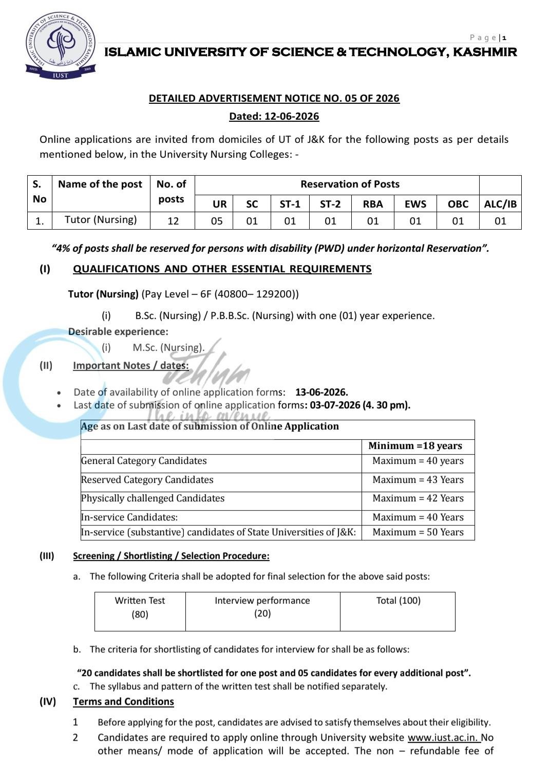Islamic University of Science & Technology IUST Pulwama Nursing Tutor Recruitment Advertisement Notice No 05 of 2026