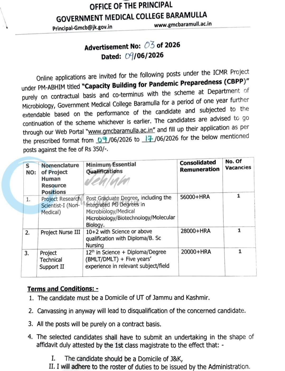 Government Medical College GMC Baramulla Deptt of Microbiology Project Research Scientist/ Nurse/ Technical Support Jobs Advt Notification No 03/2026