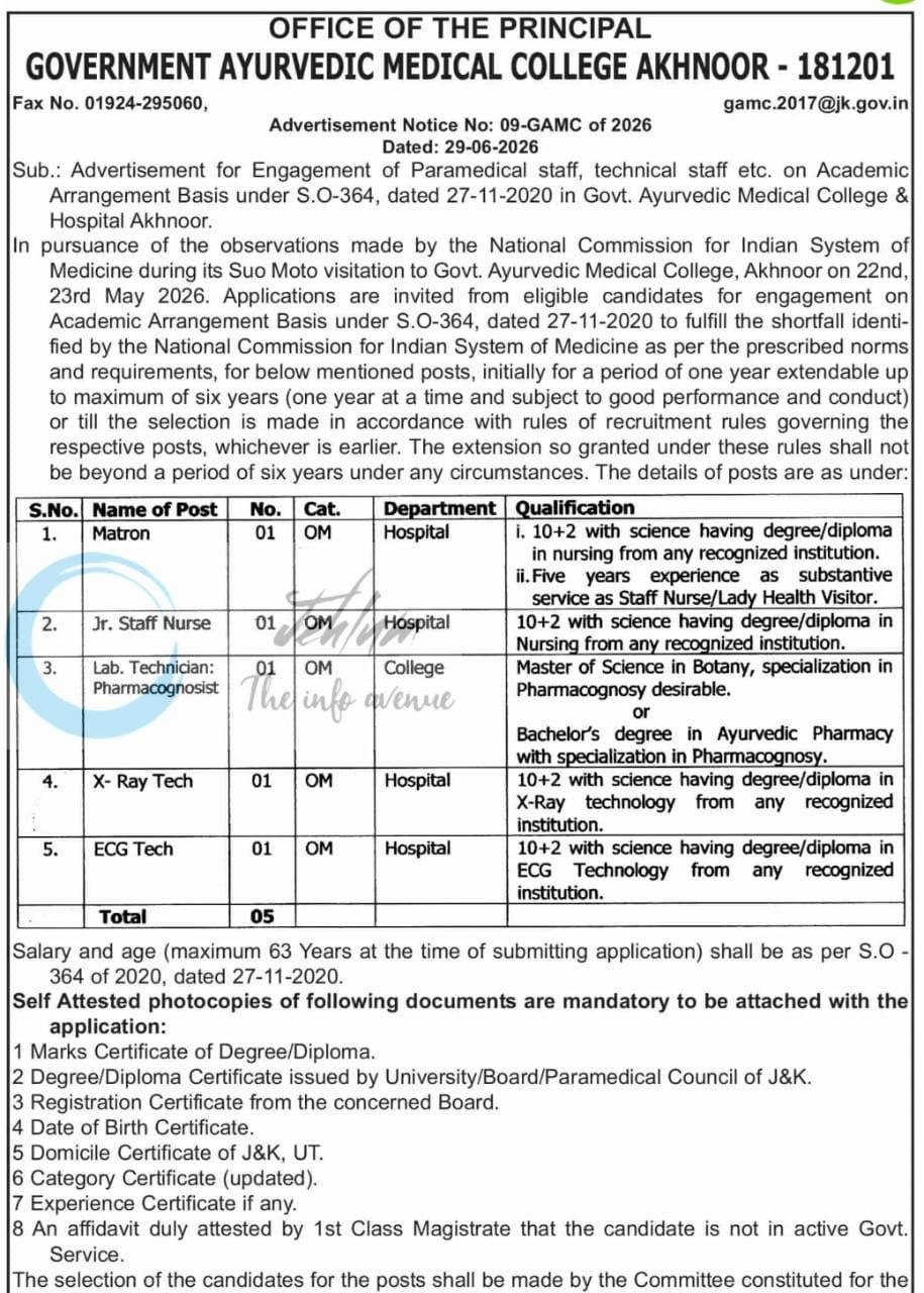 Government Ayurvedic Medical College GAMC Akhnoor teaching job ippo notice 09-GAMC of 2026