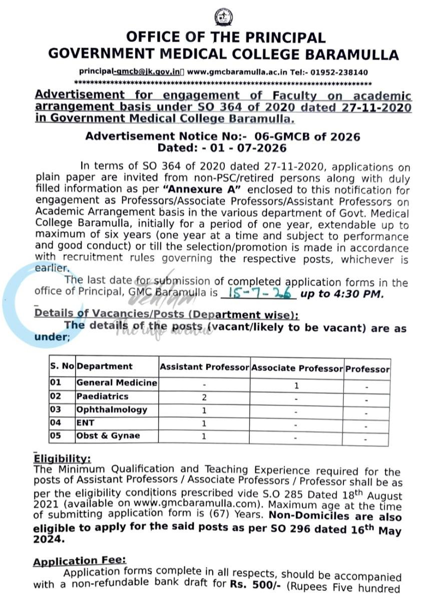 GOVERNMENT MEDICAL COLLEGE BARAMULLA FACULTY JOB OPPORTUNITIES NOTICE 06-GMCB OF 2026 1 GOVERNMENT MEDICAL COLLEGE BARAMULLA FACULTY JOB OPPORTUNITIES NOTICE 06-GMCB OF 2026