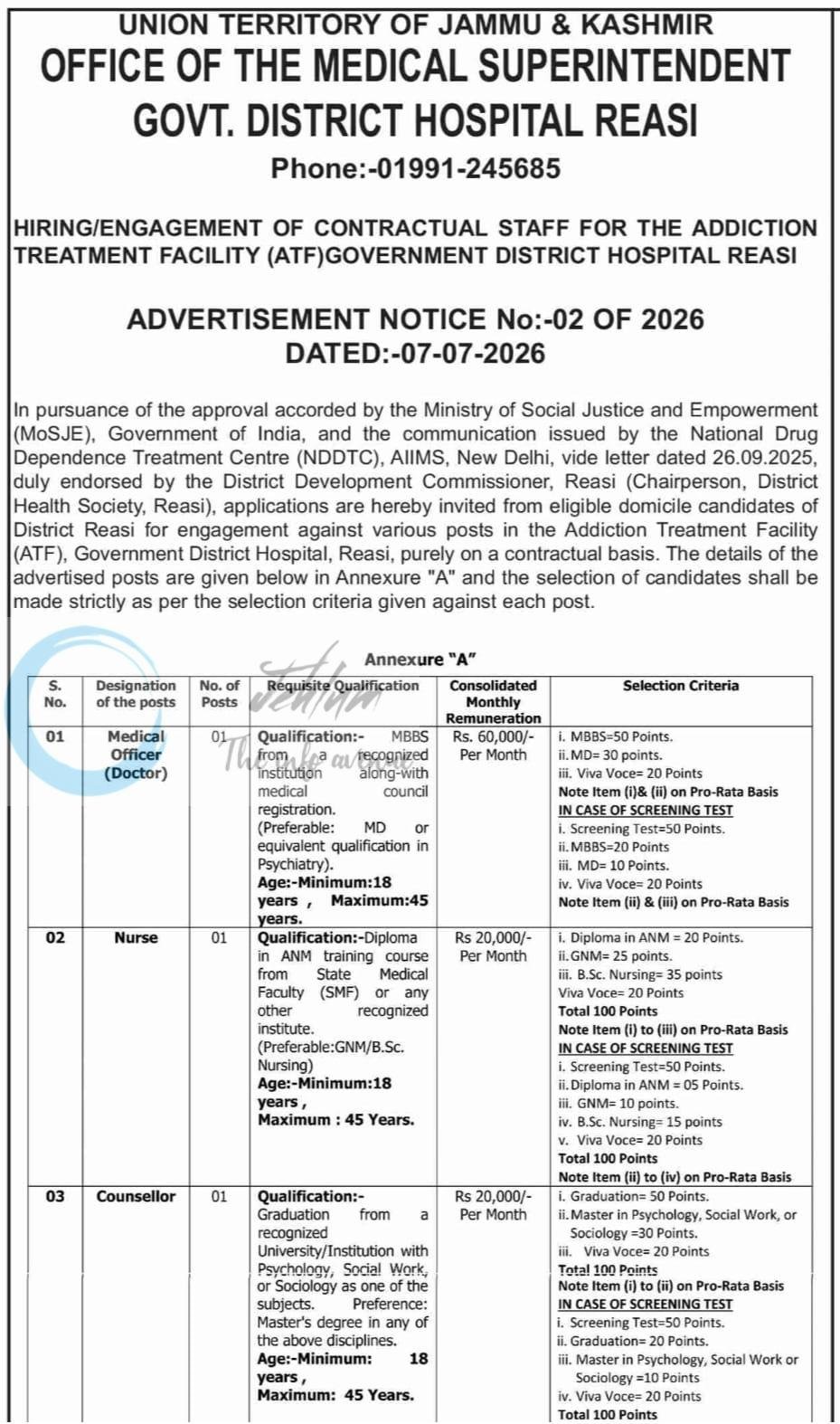 District Hospital Reasi Contractual Staff employment opportunities 2026