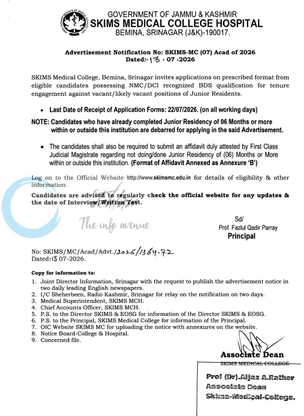 SKIMS Medical College Srinagar Junior Residents employment opportunities notice SKIMS-MC/07/Acad of 2026 1 SKIMS Medical College Srinagar Junior Residents employment opportunities notice SKIMS-MC/07/Acad of 2026