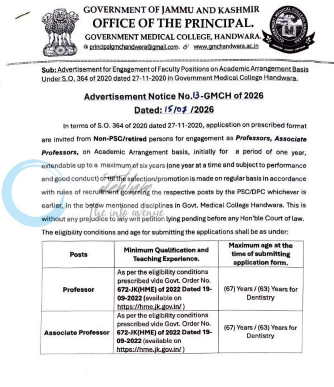 GMC Handwara Professor Associate Professor Academic Arrangement employment opportunities notice 13-GMCH of 2026