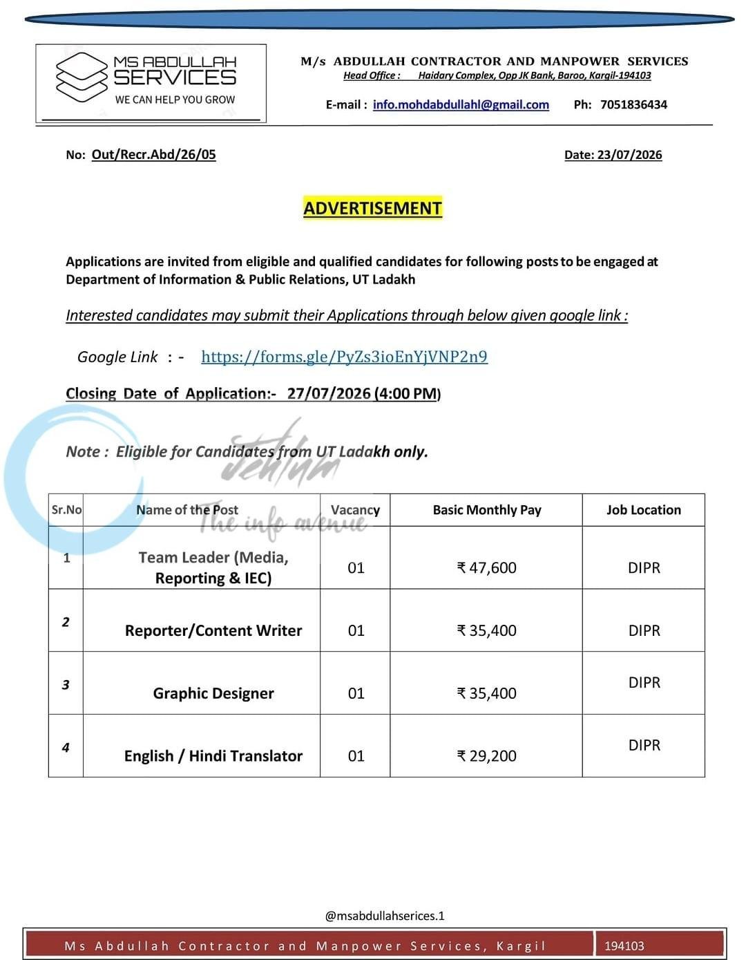 M/s ABDULLAH CONTRACTOR AND MANPOWER SERVICES Department of Information and Public Relations DIPR Ladakh employment opportunities notice Out/Recr/Abd/26/05