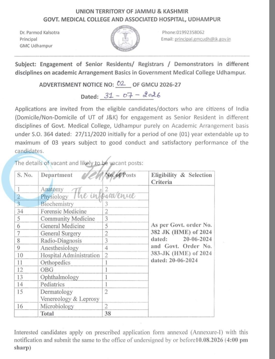 Government Medical College GMC Udhampur Senior Resident Registrar employment opportunities notice 02 OF GMCU 2026-27