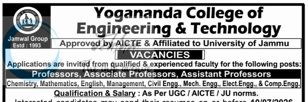Yogananda College of Engineering and Technology YCET Jammu Professors Associate Professors Assistant Professors job opportunities 2026 1 Yogananda College of Engineering and Technology YCET Jammu Professors Associate Professors Assistant Professors job opportunities 2026