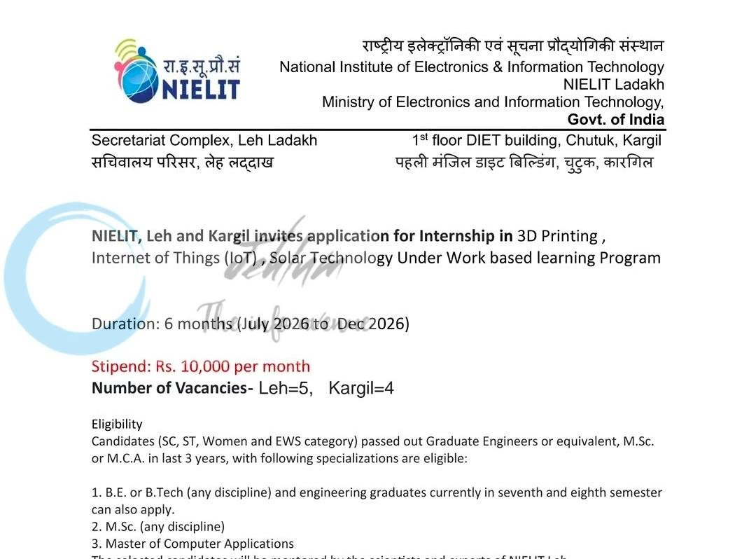 National Institute of Electronics and Information Technology NIELIT Ladakh  Internship opportunities 2026