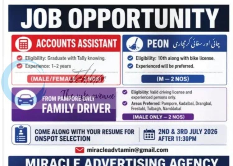 Miracle Advertising Agency srinagar Accounts Assistant Peon Family Driver job opportunities 2026 1 Miracle Advertising Agency srinagar Accounts Assistant Peon Family Driver job opportunities 2026