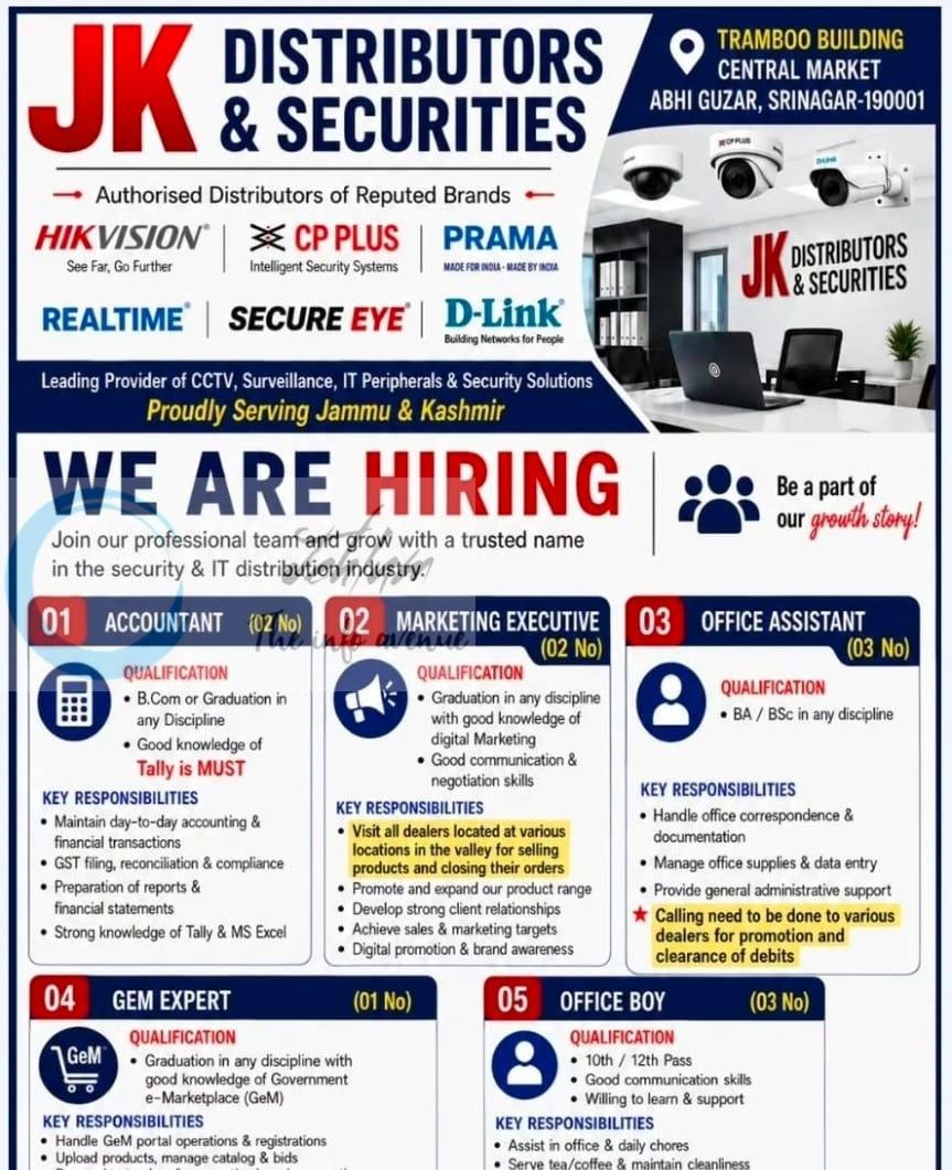 JK Distributors Securities Srinagar Accountant Marketing Executive Office Assistant job opportunities 2026