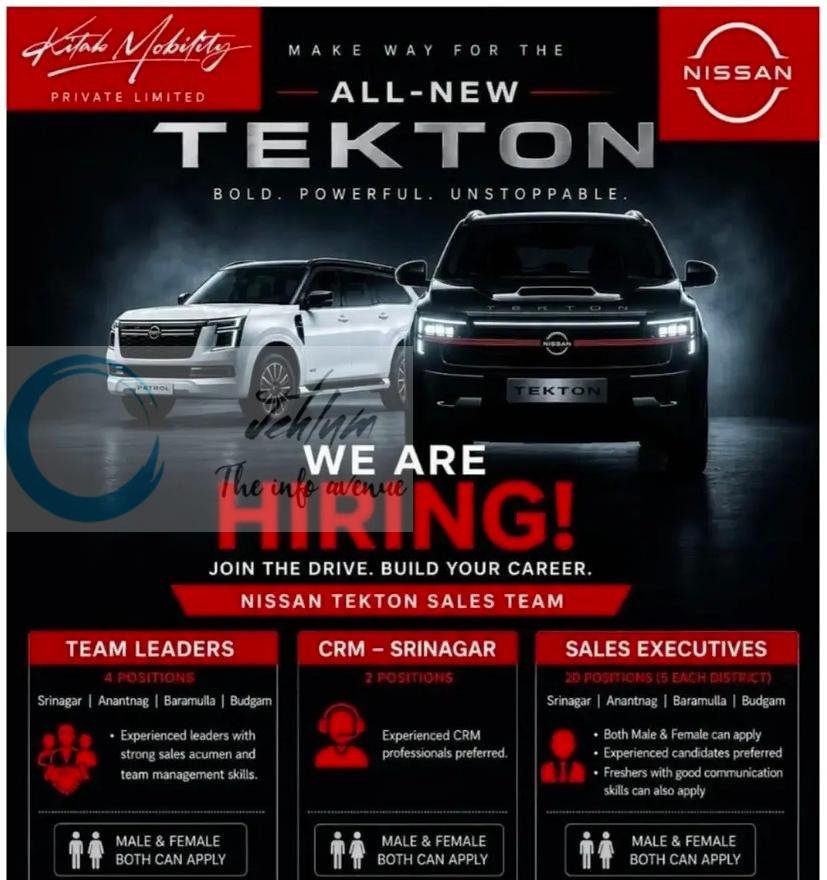 Kitab Mobility Private Limited KMPL Nissan Srinagar Team Leaders CRM Sales Executives job opportunities 2026