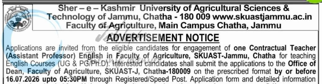 SKUAST-Jammu Faculty of Agriculture Contractual Teacher Assistant Professor employment opportunities notice AUJ/Dean-FoA/26-27/F-66/1776 1 SKUAST-Jammu Faculty of Agriculture Contractual Teacher Assistant Professor employment opportunities notice AUJ/Dean-FoA/26-27/F-66/1776