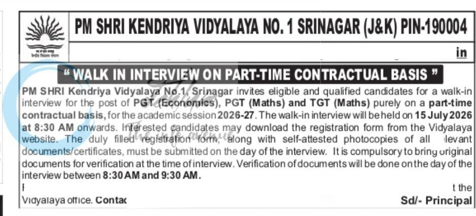 PM SHRI KENDRIYA VIDYALAYA NO 1 KVS Srinagar education job opportunities 2026 1 PM SHRI KENDRIYA VIDYALAYA NO 1 KVS Srinagar education job opportunities 2026