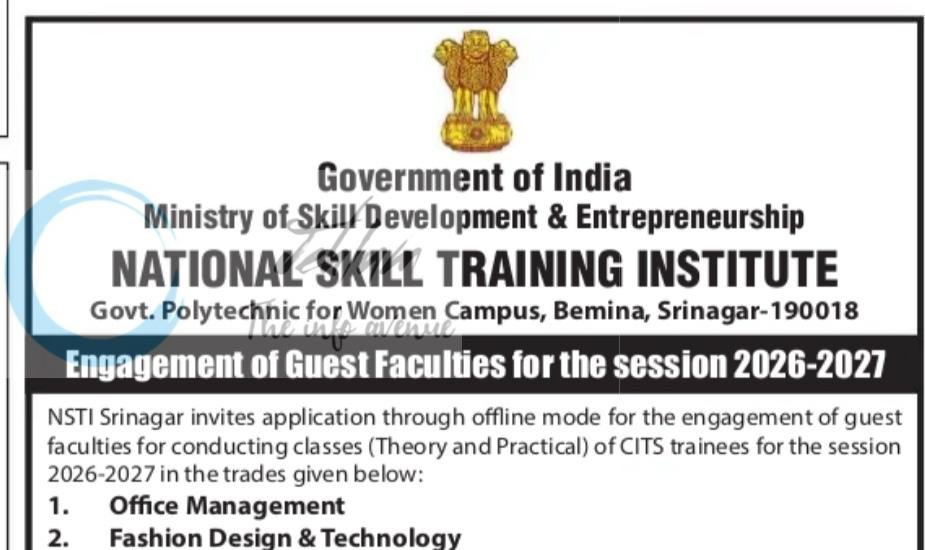 NATIONAL SKILL TRAINING INSTITUTE NSTI Srinagar Office Management job opportunities 2026 1 NATIONAL SKILL TRAINING INSTITUTE NSTI Srinagar Office Management job opportunities 2026