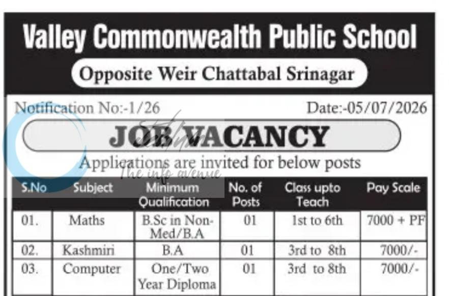 Valley Commonwealth Public School VCPS Srinagar teaching job opportunities notice 1/26