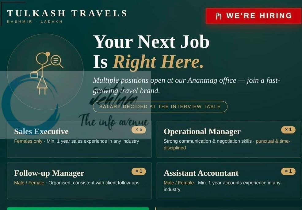 Tulkash Travels Anantnag staff Job opportunities 2026