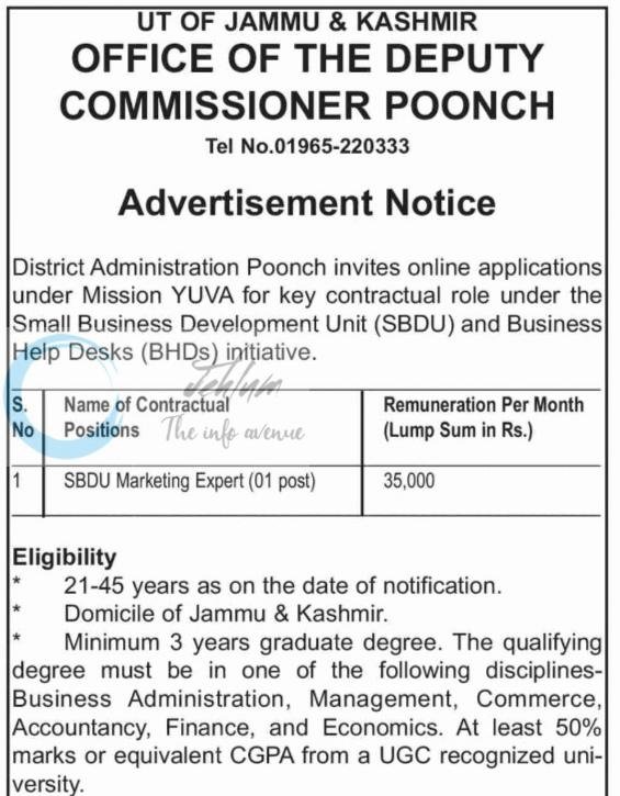 Office of the Deputy Commissioner Poonch SBDU Marketing Expert job opportunities 2026 1 Office of the Deputy Commissioner Poonch SBDU Marketing Expert job opportunities 2026