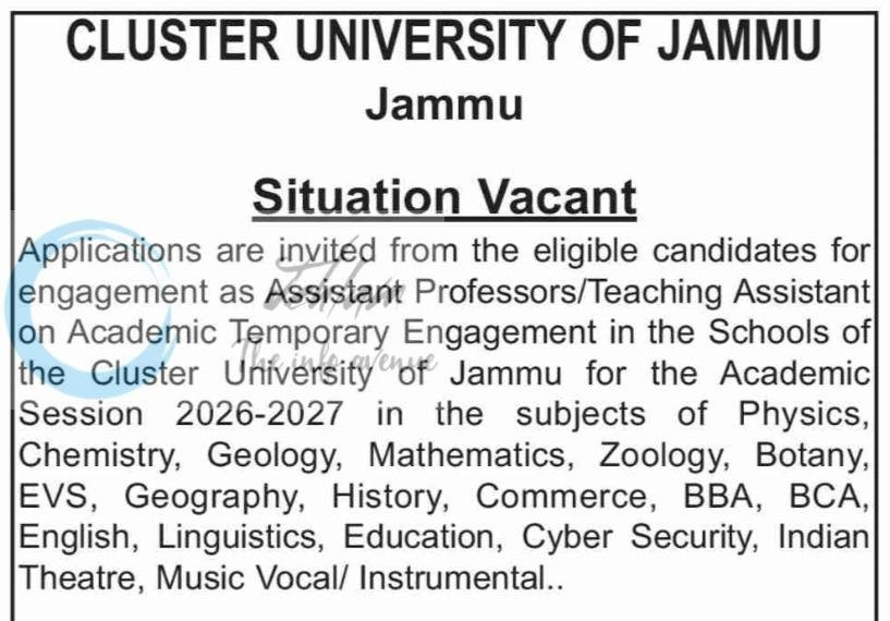 Cluster University of Jammu Assistant Professor Teaching Assistant Employement opportunities 2026
