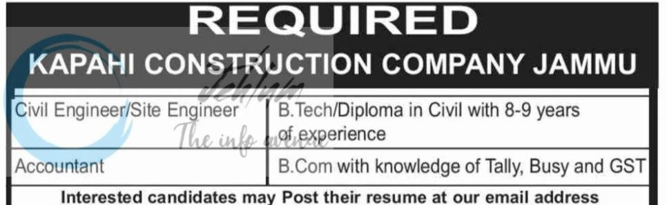 Kapahi Construction Company Jammu Civil Engineer Site Accountant job opportunities 2026