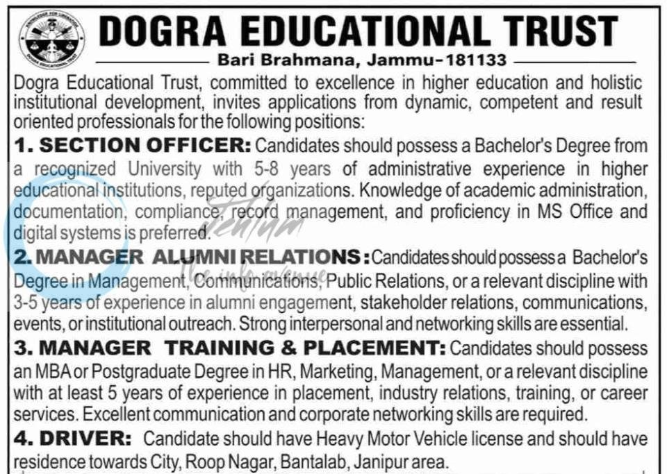 Dogra Educational Trust Jammu Section Officer Placement Alumni Manager Driver Job opportunities 2026 1 Dogra Educational Trust Jammu Section Officer Placement Alumni Manager Driver Job opportunities 2026